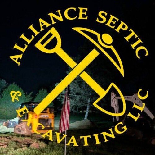 Alliance Septic and Excavating LLC logo, crossed shovel and pick